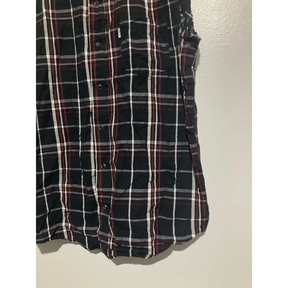 Levis Cutoff Sleeveless Shirt Vest Mens M Black Red White Button Down Flannel
